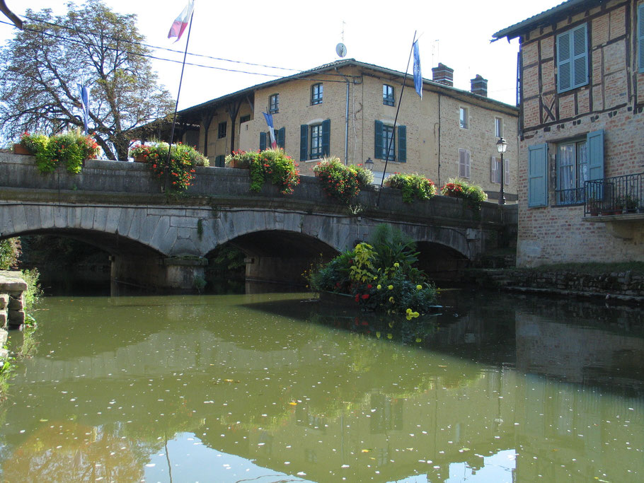 Bild: Brücke über den Fluß Chalaronne in Châtillon-sur-Chalaronne in den Dombes im Departement Ain in Frankreich