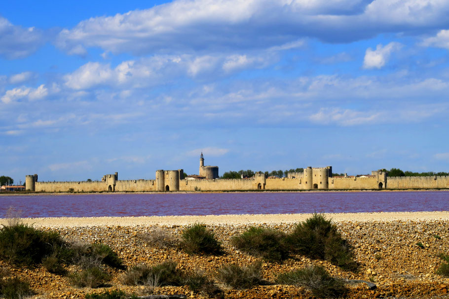 Bild: Blick von den Salinen auf Aigues-Mortes 