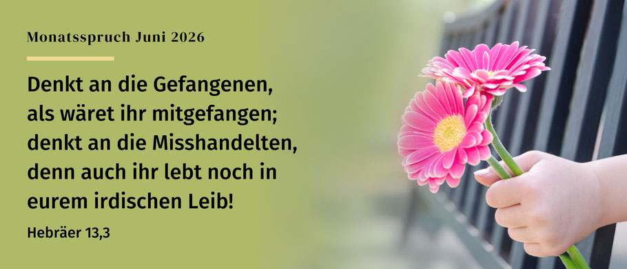 Denkt an die Gefangenen, als wäret ihr mitgefangen; denkt an die Misshandelten, denn auch ihr lebt noch in eurem irdischen Leib. Hebräer 13,3