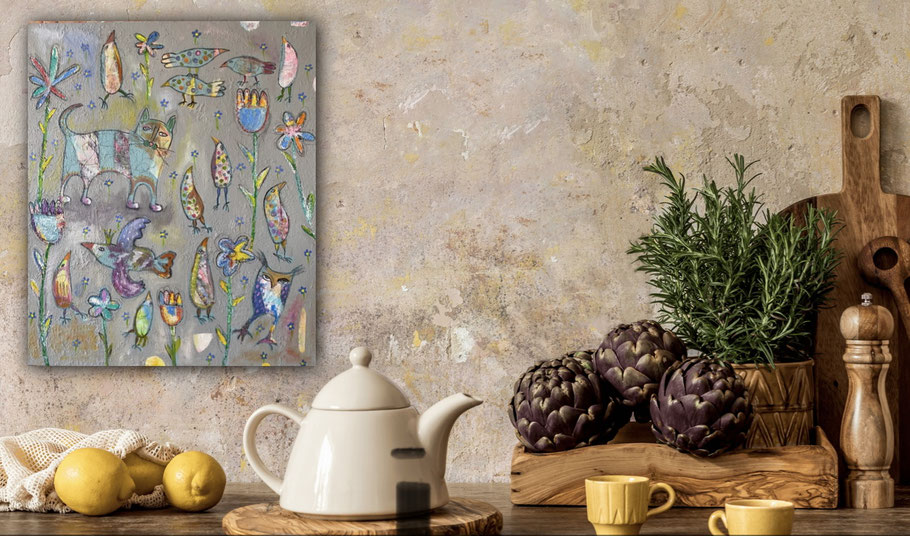 Nr. 608 "Vögel, Katze, Eule", Acryl + Sandstrukturpaste, 90 x 105 cm