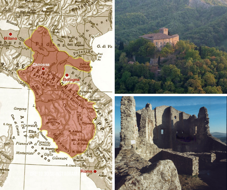 Geographic map of the lands of Matilda, Castello di Bianello, ruins of the Castello di Canossa