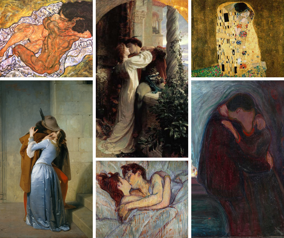 From left to right, clockwise: paintigs by Egon Schiele, Sir Frank Dicksee, Gustav Klimt, Edvard Munch, Henri De Toulouse-Lautrec, Francesco Hayez