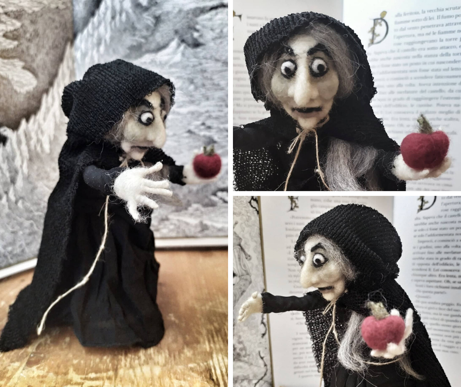 Snow white witch doll still in progress, she is a needle felted art doll, only 10 cm, she is a commission