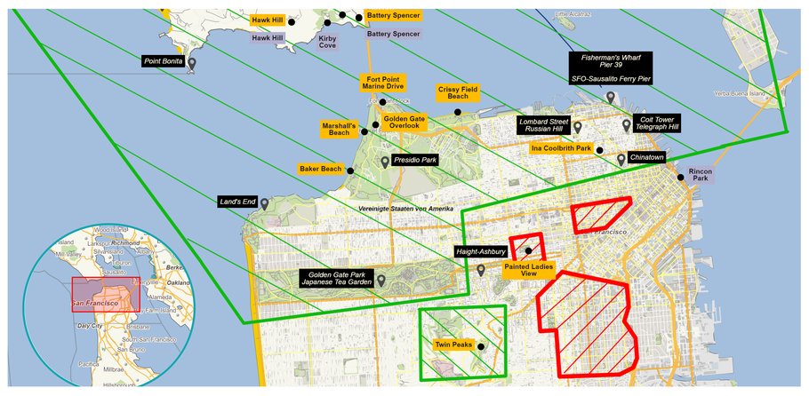 Übersichtskarte zur Sicherheit in San Francisco mit der Kennzeichnung sicherer und problematischer Stadtviertel.