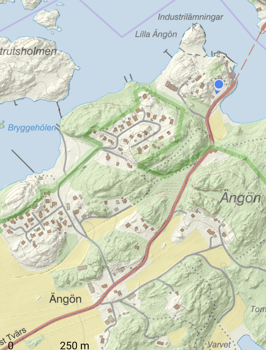 Del av Lantmäteriets karta över Ängön. Jämför gärna topografi och gårdar med ovanstående kartor