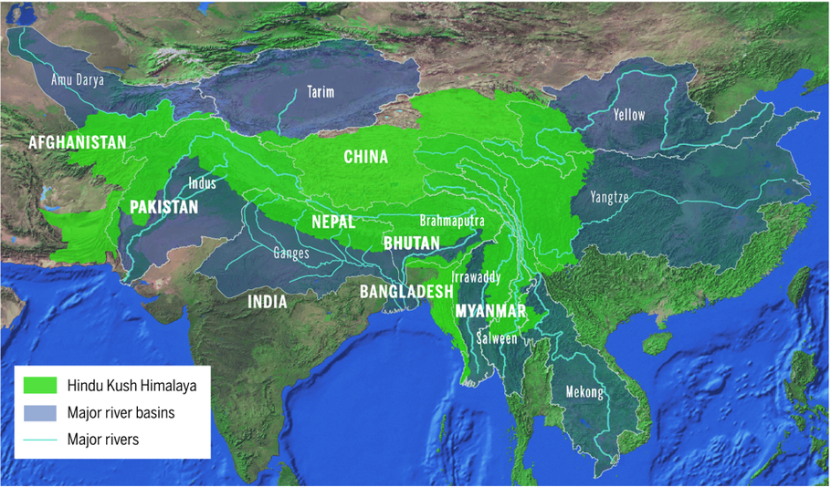 Ausdehnungsgebiet des Himalaya inkl. Hindukusch sowie Einzugsgebiete und Verläufe der größten Flüsse (Quelle: Glacierhub.org, 22.12.19)