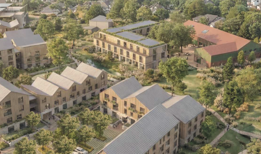 Eine gemischte Bebauung soll das Parkquartier prägen, rechts die Scheune als Event-Location (Zeichnung: Answer Capital Partners)