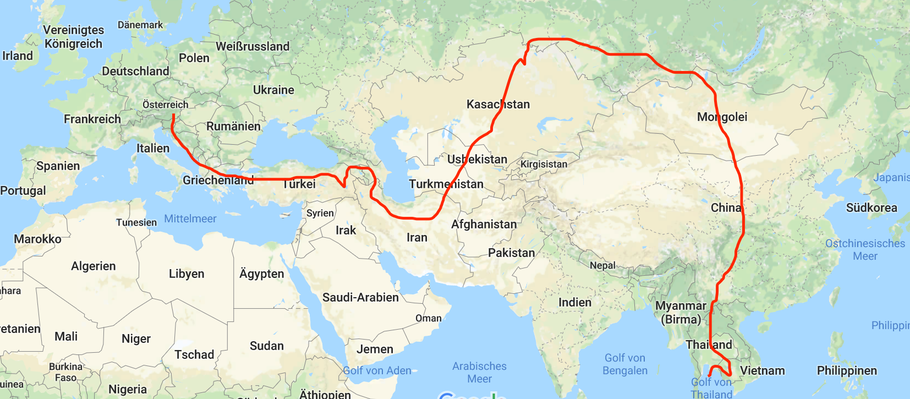 So in etwa wird unsere Route verlaufen (auch wenn wir den Russland-Aufenthalt eher verkürzen und wesentlich weiter im Osten aus Kasachstan aus und weiter im Westen in die Mongolei einreisen werden.