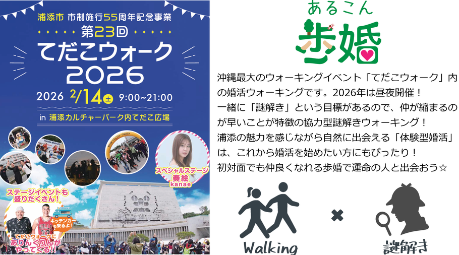 沖縄最大のウォーキングイベント、うらそえツーデーマーチ「てだこウォーク」内の婚活ウォーキングです。2026年は昼夜開催！ 一緒に「謎解き」という目標があるので、仲が縮まるのが早いことが特徴の協力型謎解きウォーキング！ 浦添の魅力を感じながら自然に出会える「体験型婚活」は、これから婚活を始めたい方にもぴったり！ 初対面でも仲良くなれる歩婚で運命の人と出会おう☆