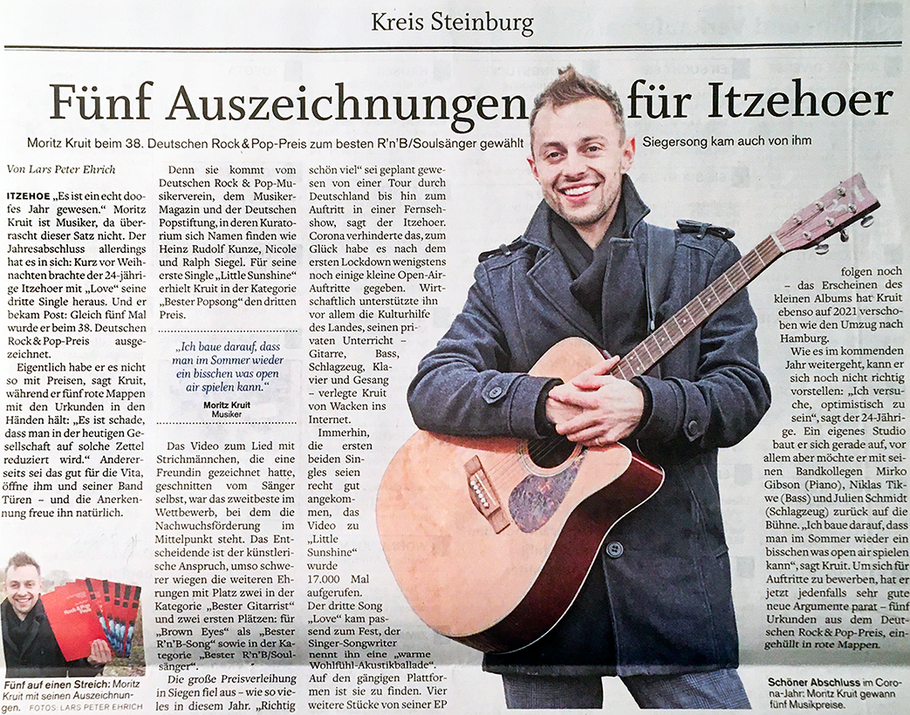 Musiker Moritz Kruit in der Norddeutschen Rundschau mit Preisauszeichnungen für seine Musik. Deutscher Rock&Pop-Preis. 1. Platz.