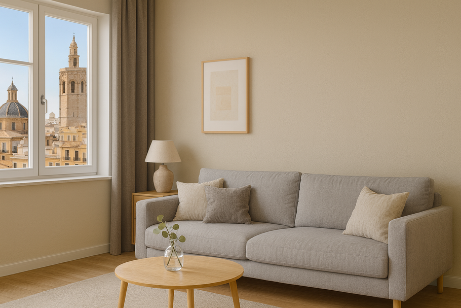 La pintura de este salón se presenta en un tono beige claro y uniforme, ideal para crear un ambiente cálido, luminoso y elegante.