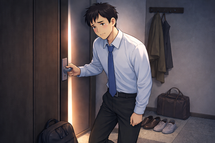 玄関で外に出られず、不安そうな表情でドアノブに手をかけて立ち止まる男性のイラスト