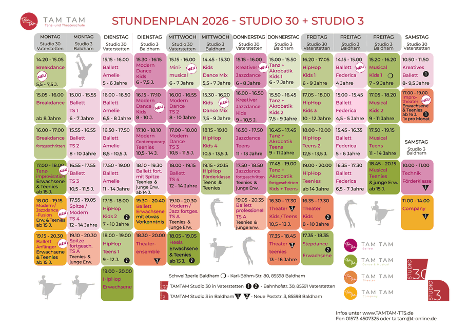 Stundenplan von TamTam Tanz- und Theaterschule. Download. Ballett, Company, Dance & Musical, Theater, Gesang, Kinder, Kleinkinder, Jugendliche, Erwachsene.