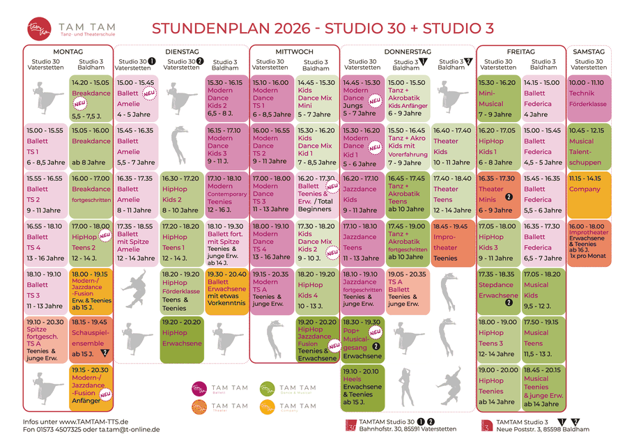 Stundenplan von TamTam Tanz- und Theaterschule. Download. Ballett, Company, Dance & Musical, Theater, Gesang, Kinder, Kleinkinder, Jugendliche, Erwachsene.