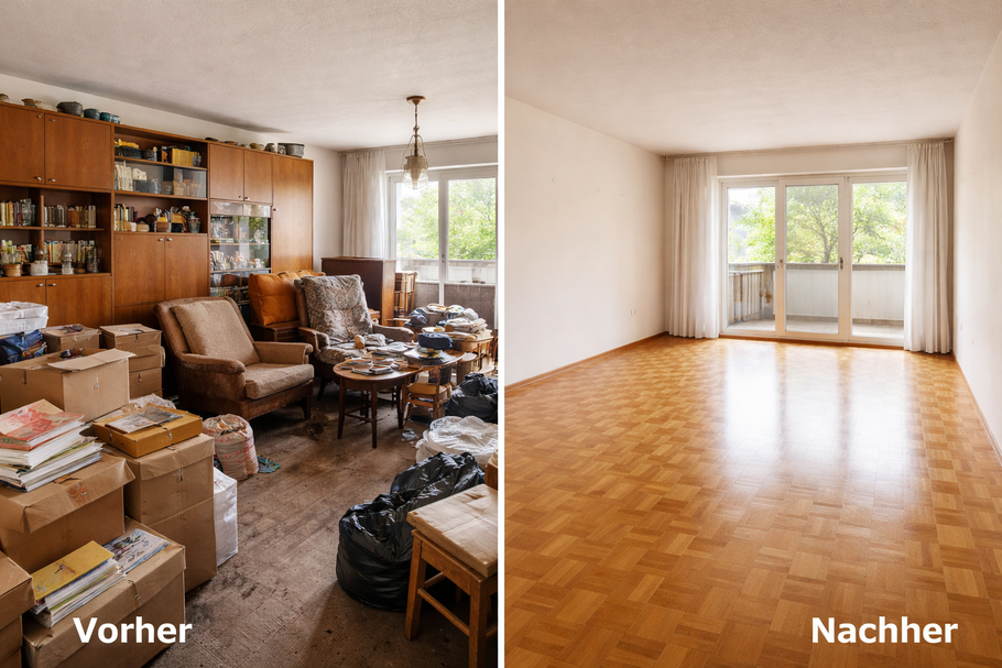 Vorher / Nacher - Haushaltsauflösung in Lichtenrade. Rechts das Ergebnis nach der Räumung: eine vollständig leere und besenreine Wohnung, berreit für die Übergabe an Vermieter oder Käufer.