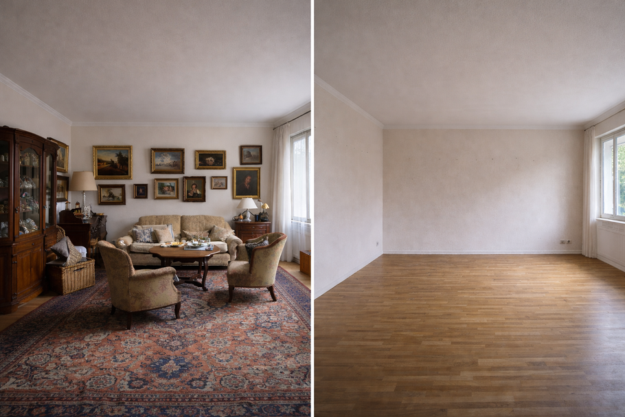 Wohnungsauflösung – Vorher & Nachher in Berlin Vor der Räumung: Antike Möbel, Bilder und persönliche Gegenstände eines langjährigen Haushalts. Nach der Räumung: Komplett geräumte, besenreine Wohnung – bereit für Vermieter, Verkauf oder Renovierung.