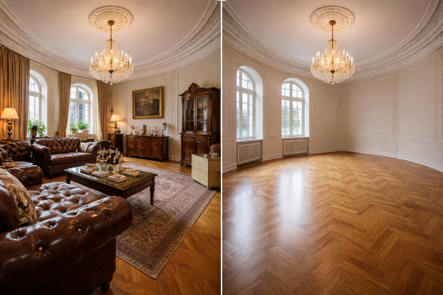 Vorher und Nachher Wohnungsauflösung einer luxuriösen Altbauwohnung in Berlin mit Antiquitäten.