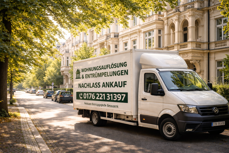 Unsere Fahrzeuge vor Ort bei einer Entrümpelung in Buckow. Mit mehreren LKWs und Transportern können wir auch große Projekte schnell umsetzen.