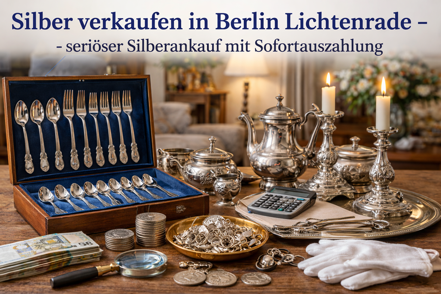 Silber verkaufen in Berlin Lichtenrade – professionelle Bewertung von Silberbesteck, Schmuck und Silbermünzen. Seriöser Silberankauf mit transparenter Berechnung und diskretem Hausbesuch in 12305 Lichtenrade.