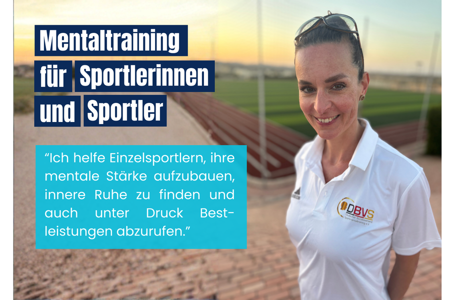Frau vor dem Hintergrund eines Sportplatzes. Text zum Angebot für Mentaltraining für Sportler