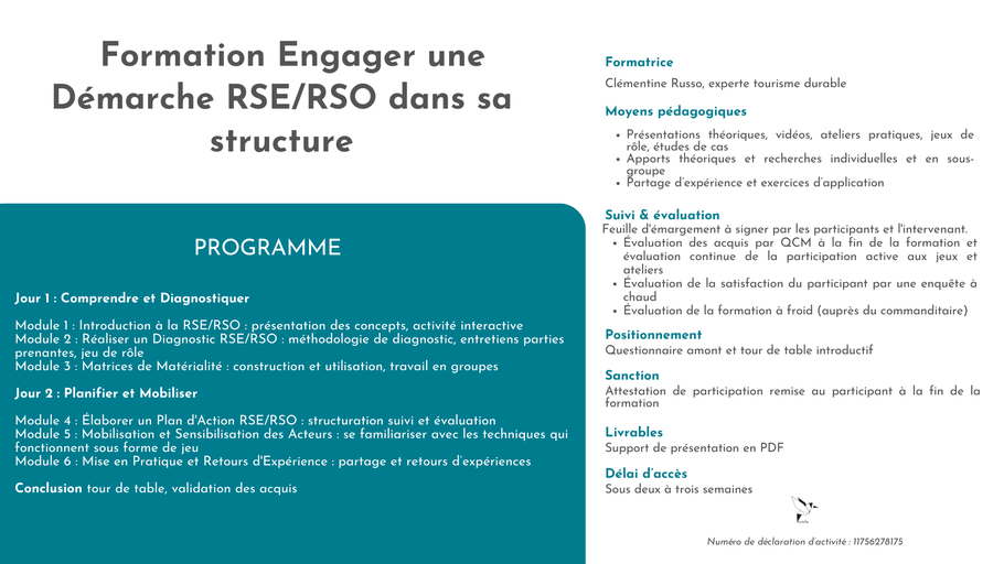 Clémentine RUSSO, formation RSE , engager une démarche RSE RSO dans sa structure, tourisme durable