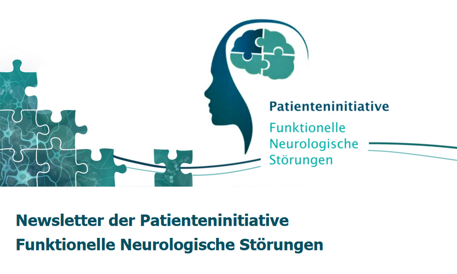 Bild vom Newsletter. Tealfarbene Puzzleteile, ein Kopf mit vier Puzzleteilen, die das Gehirn darstellen. Logo der Patienteninitiative