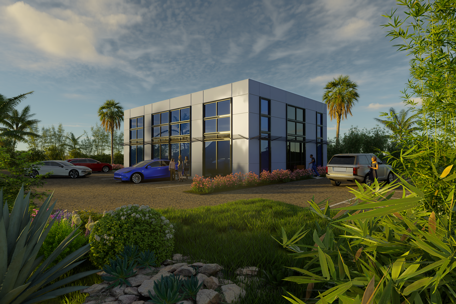 Rendu 3D réaliste d’un bâtiment professionnel contemporain réalisé pour un projet architectural par o coeur des plans.