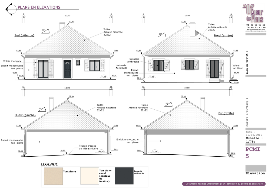 Plan en élévation (PCMI 5) d’une maison de plain-pied, permis de construire situé en région Centre-Val de Loire, réalisé par O Coeur des Plans