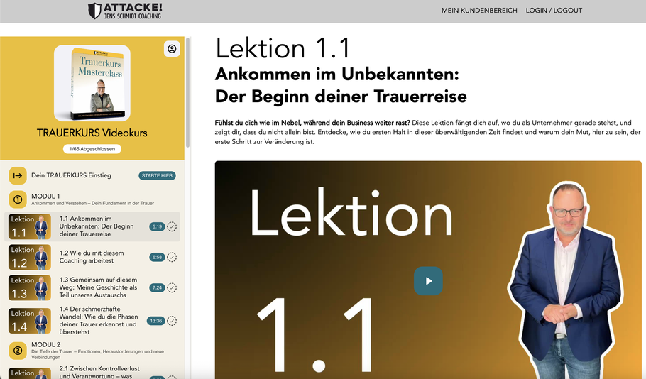 TRAUERKURS Lektionsübersicht. Der TRAUERKURS ist ein Online-Trauercoaching, das einen unfangreichen Videokurs enthält. Die Videolektionen sind übersichtlich gegliedert.