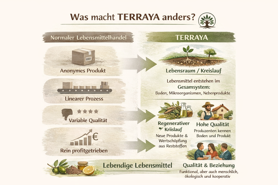 Diese Grafik zeigt den Unterschied zwischen klassischem Lebensmittelhandel und dem TERRAYA-Ansatz.