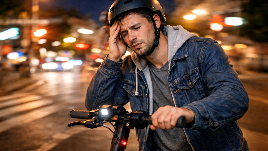 E-Scooter-Fahrer zeigt Anzeichen von Schwindel im nächtlichen Straßenverkehr