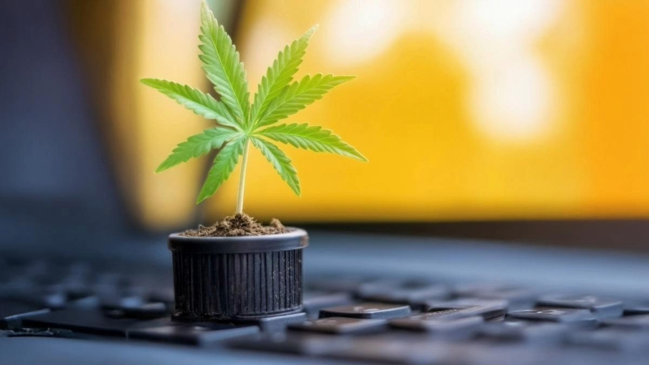 Kleine Cannabis-Pflanze in einem Topf auf einer Computertastatur – Symbol für Telemedizin, digitale Rezepte und medizinisches Cannabis.