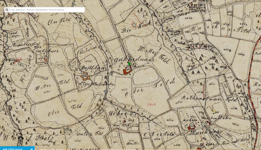 Karte: Geografische Lage des Erdstalls (Basis Geoportal Bayern, historische Karte)