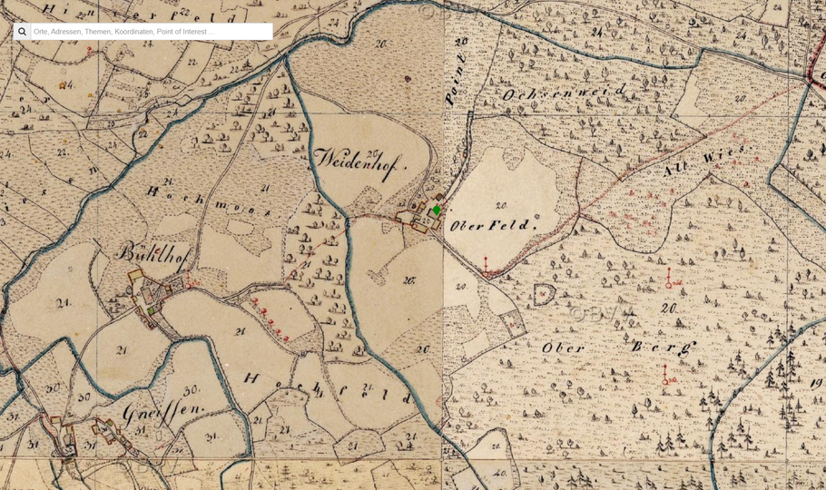 Karte: Geografische Lage des Erdstalls (Basis Geoportal Bayern, historische Karte)