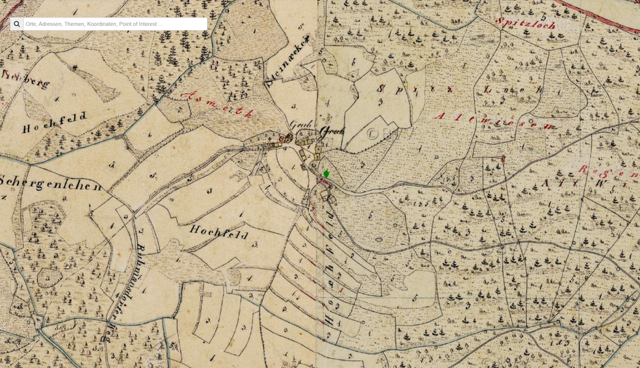 Karte: Geografische Lage des Erdstalls (Basis Geoportal Bayern, historische Karte)