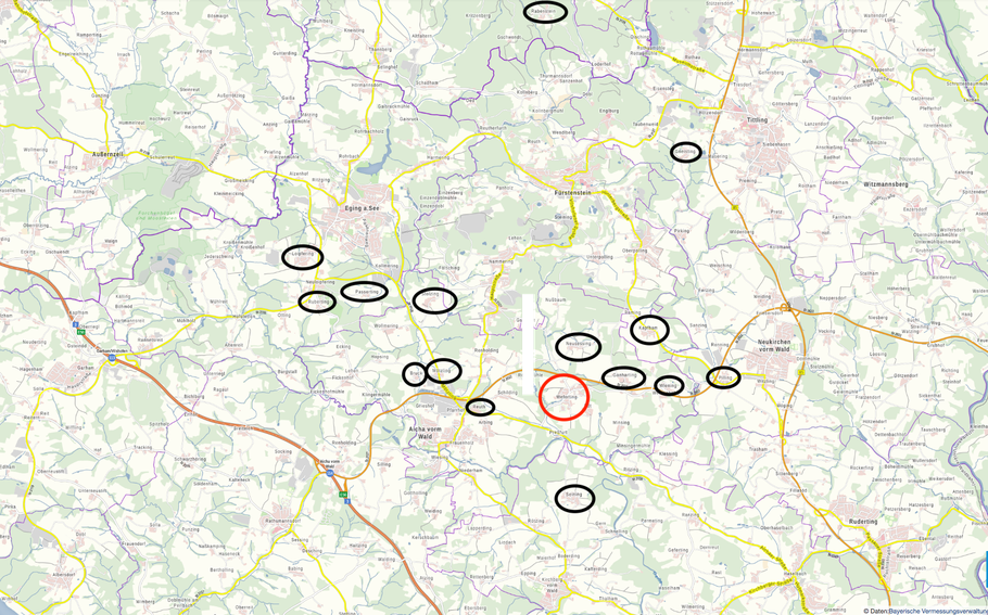 Besiedlung des Gebiets um Weferting auf Basis Gründungsausstattung des Klosters Osterhofen, Quelle: BayernAtlas, Eigene Zeichnung