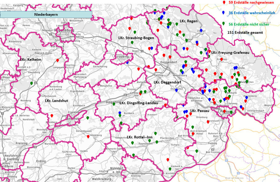 Abb. Geografische Verteilung der Erdställe in Niederbayern