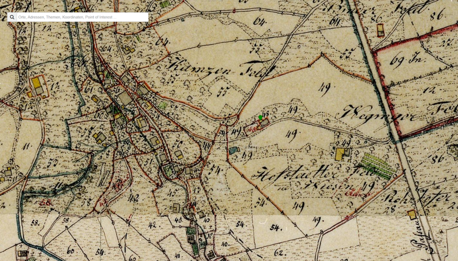 Karte: Geografische Lage des Erdstalls (Basis Geoportal Bayern, historische Karte)