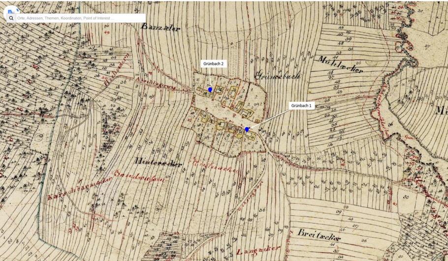 Lage Erdstall -blaue Markierung- (Basis BayernAtlas, Historische Karte)