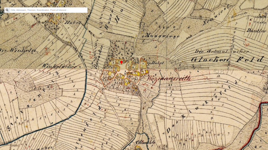 Karte: Geografische Lage des Erdstalls (Basis Geoportal Bayern, historische Karte)