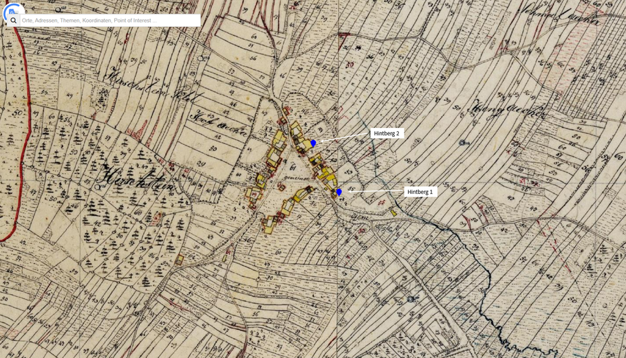 Lage Erdstall -blaue Markierung. (Basis BayernAtlas, Historische Karte)