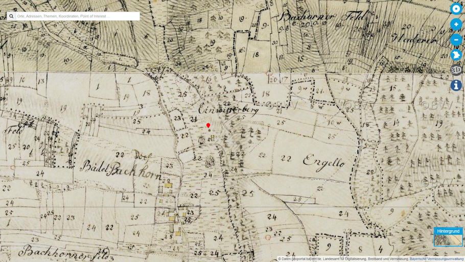 Karte: Geografische Lage des Erdstalls (Basis Geoportal Bayern, historische Karte)