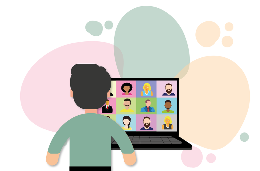 Videokonferenz Grafik mit einer Person, die vor dem PC sitzt, auf dem Gesichter abgebildet sind