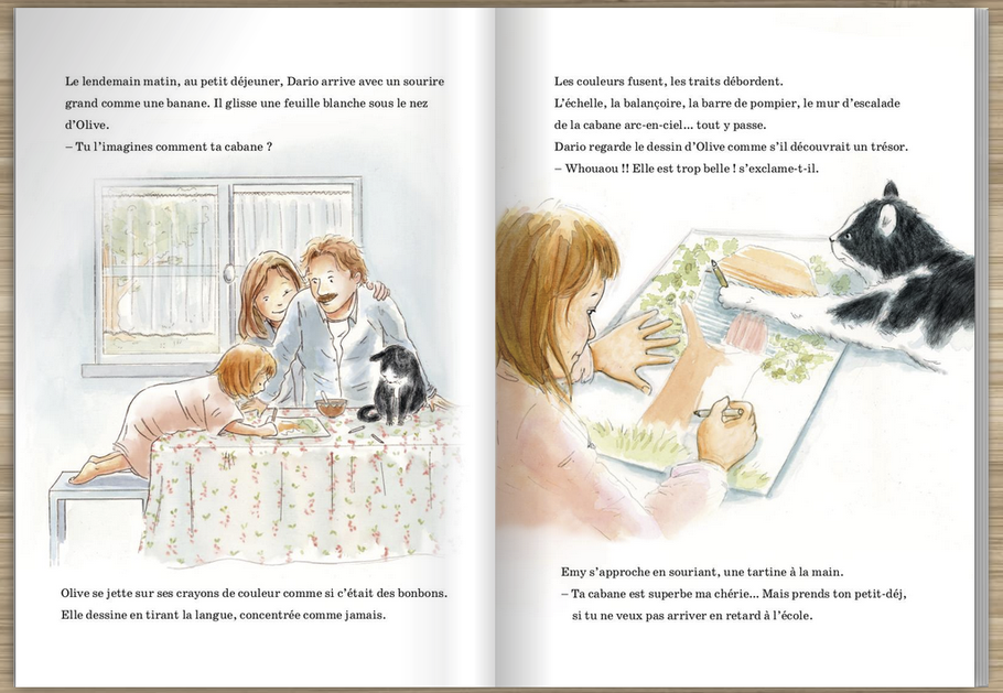 Aquarelle du livre jeunesse La Cabane Perchée montrant Olive, sa maman My et son papa Dario dans la cuisine, où Olive dessine la cabane perchée de ses rêves, une histoire tendre sur le trouble bipolaire.