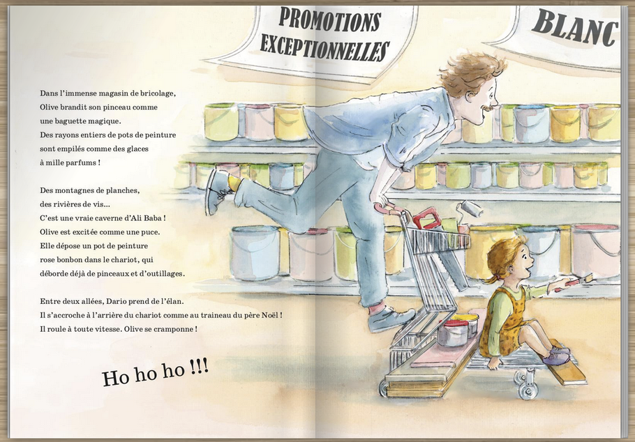 Aquarelle du livre jeunesse La Cabane Perchée montrant le papa d’Olive faisant des achats compulsifs avec sa fille pour construire la cabane, une scène liée à la phase haute du trouble bipolaire.