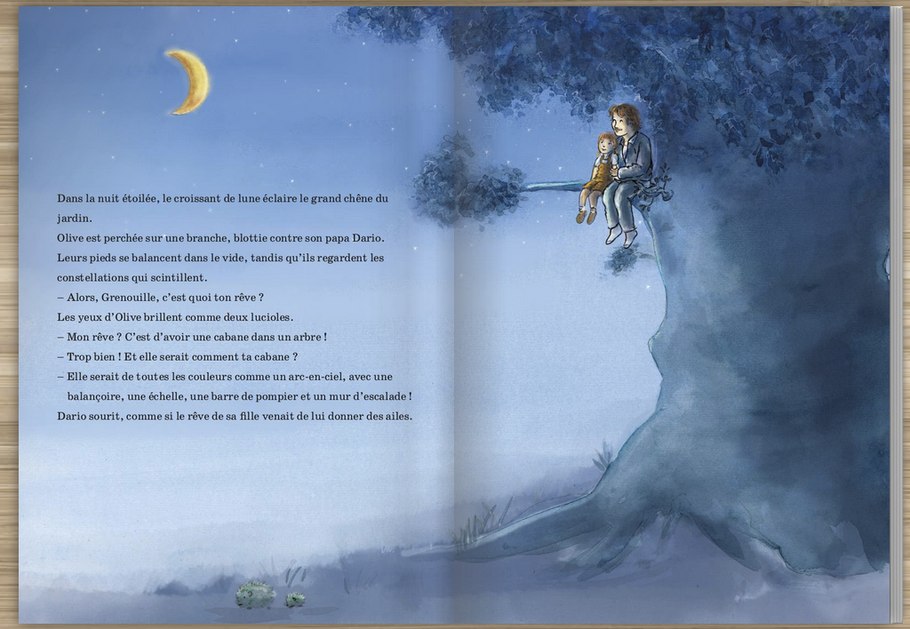Illustration tendre du livre jeunesse La Cabane Perchée sur le trouble bipolaire, avec Olive et son papa perchés dans un arbre