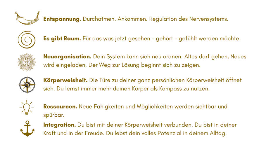 Entspannung. Raum für dich. Neuorganisation. Körperweisheit. Ressourcen. Ingegration.