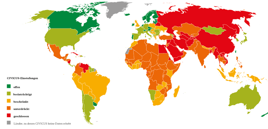 Die Karte und die Kategorisierung der Länder beruhen auf Zahlen und Beobachtungen aus dem Jahr 2023. Foto: Civicus / Brot für die Welt