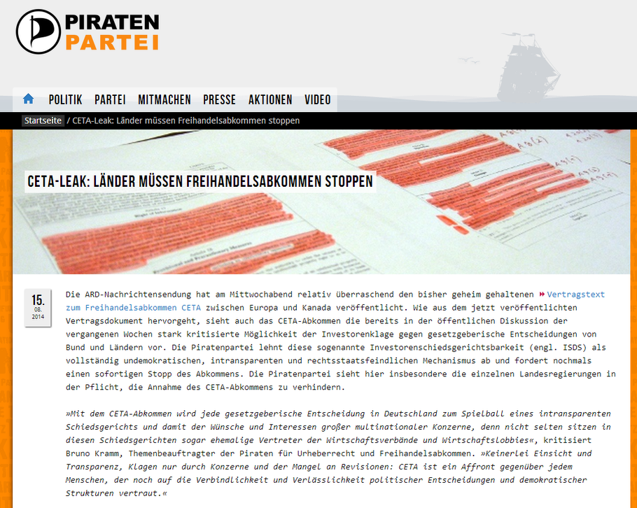 Die Piratenpartei - CETA-Leak: Länder müssen Freihandelsabkommen stoppen