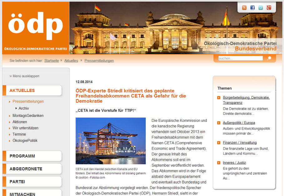 ÖDP-Experte Striedl kritisiert das geplante Freihandelsabkommen CETA als Gefahr für die Demokratie